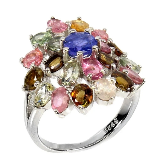 Round Blue Natural Tanzanite 5mm & Tourmaline 925 Sterling Silver Ring Size 6 - Picture 2 of 3